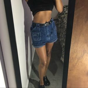 Dark blue white stitching mom shorts